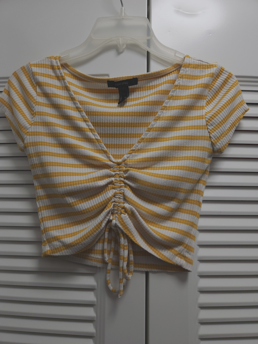 Forever 21 Yellow & White Striped Ruched V-Neck Crop Top
